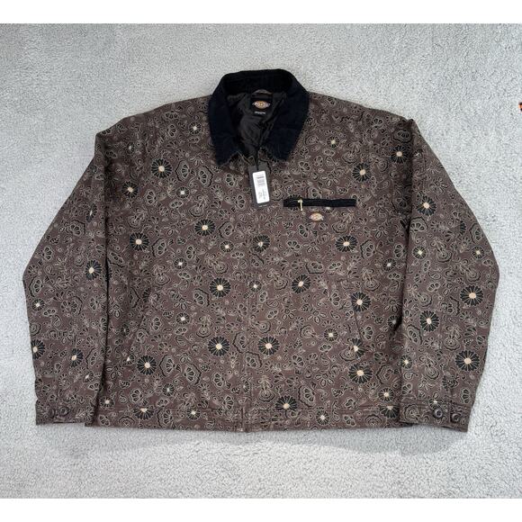 DICKIES Ellis Floral Print Duck Brown Canvas Mens XL Jacket Corduroy Collar - Picture 1 of 16